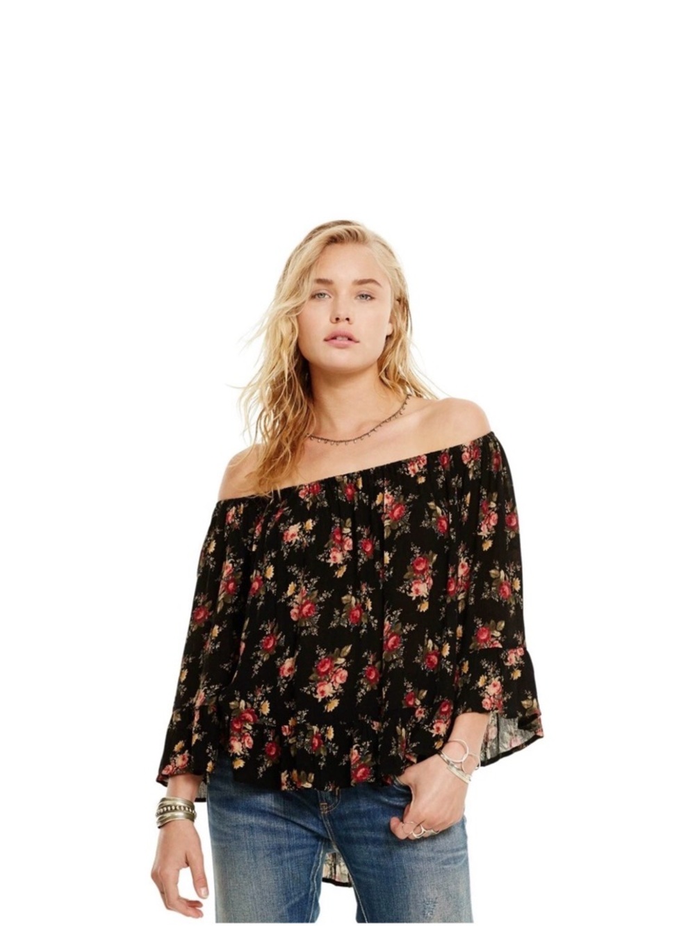 Denim & Supply Ralph Lauren Black Off-Shoulder Floral Blouse with Pink Roses
